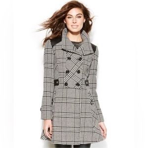 Guess Gray Double-Breasted Plaid A-Line Coat